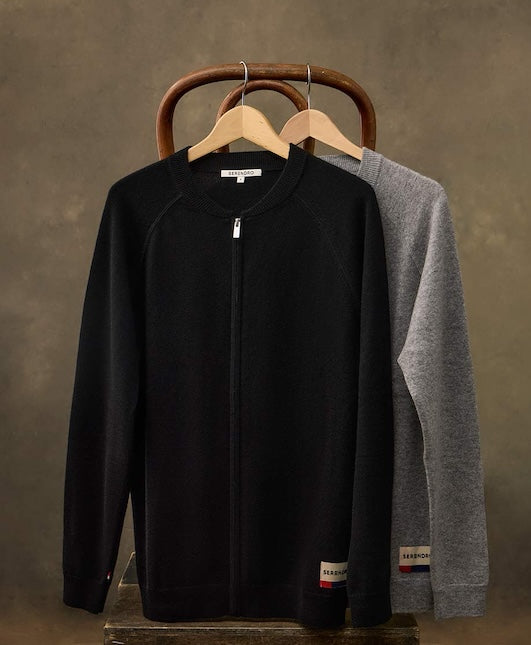 Cashmere Full-Zip Cardigan in Black and Elephant